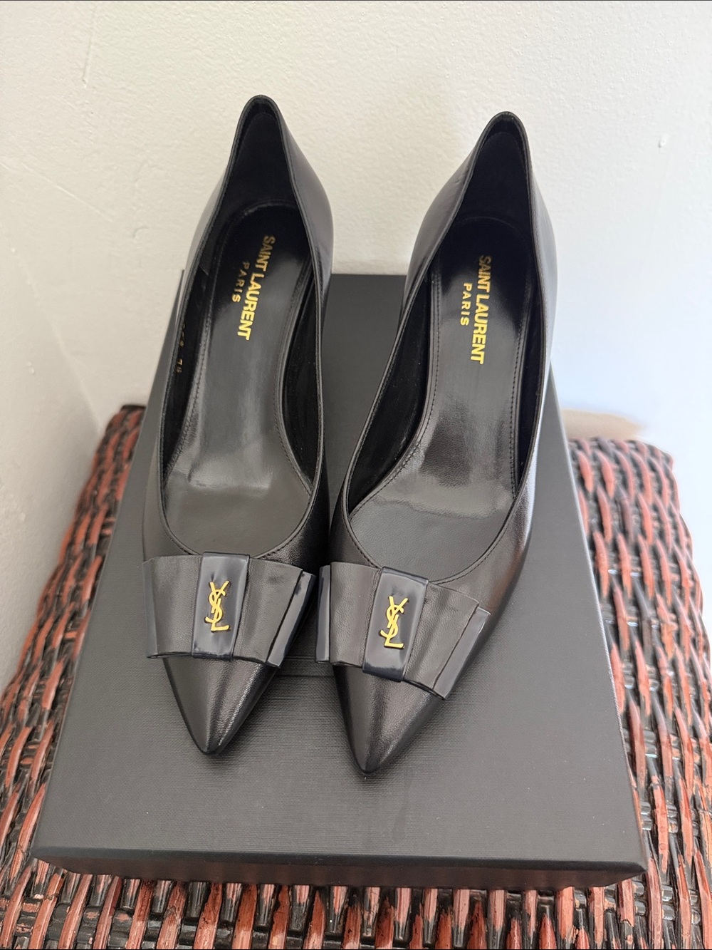 Saint Laurent Black Patent Pointed Toe Pumps with Gold YSL Accent